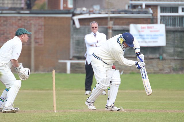 a batsman is hit high up on the pads, photo is sideways on from point