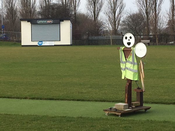 Fred the umpire scarecrow at the protecting the wicket at Hunslet Nelson cricket club