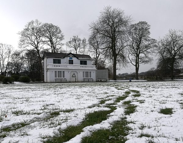 Saltaire Cricket Club pavilion in the snow