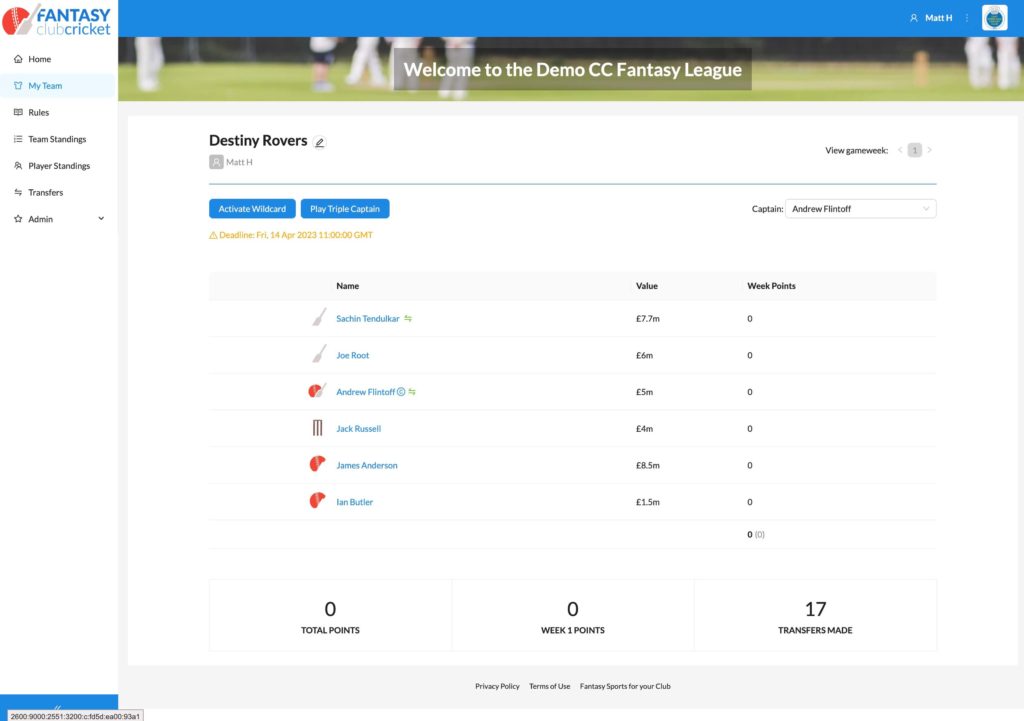 Fantasy Club Cricket - Team Values