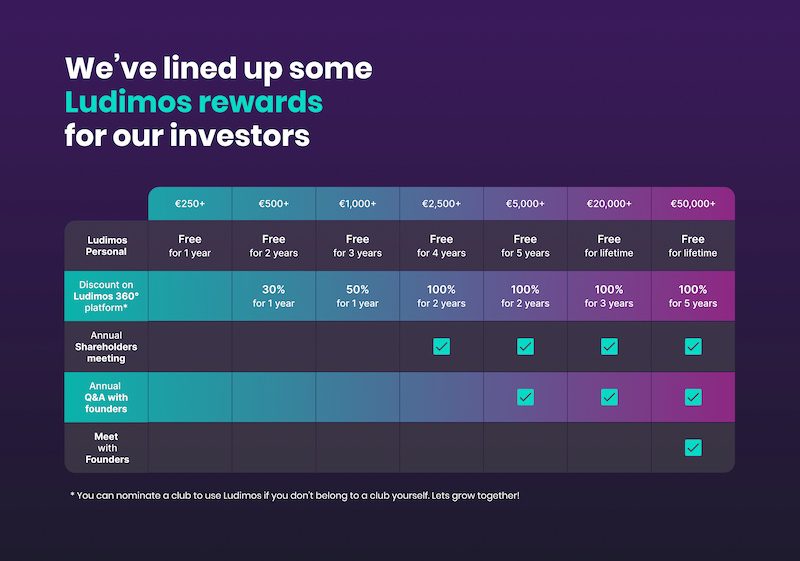 a table showing the rewards that those who investor with Ludimos can receive from free or discounted Ludimos 360 to Q&A with Founders
