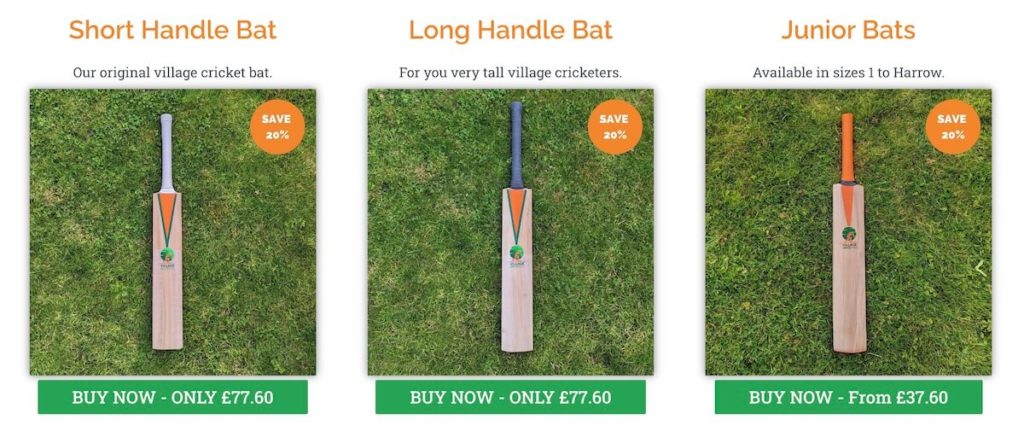 discounted cricket bats from Village Cricket Co showing £77.60 for adults and £37.60 for juniors