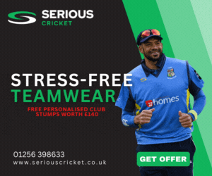 Stress Free cricket teamwear with Serious Cricket (image of cricketer in blue T20 clothing)
