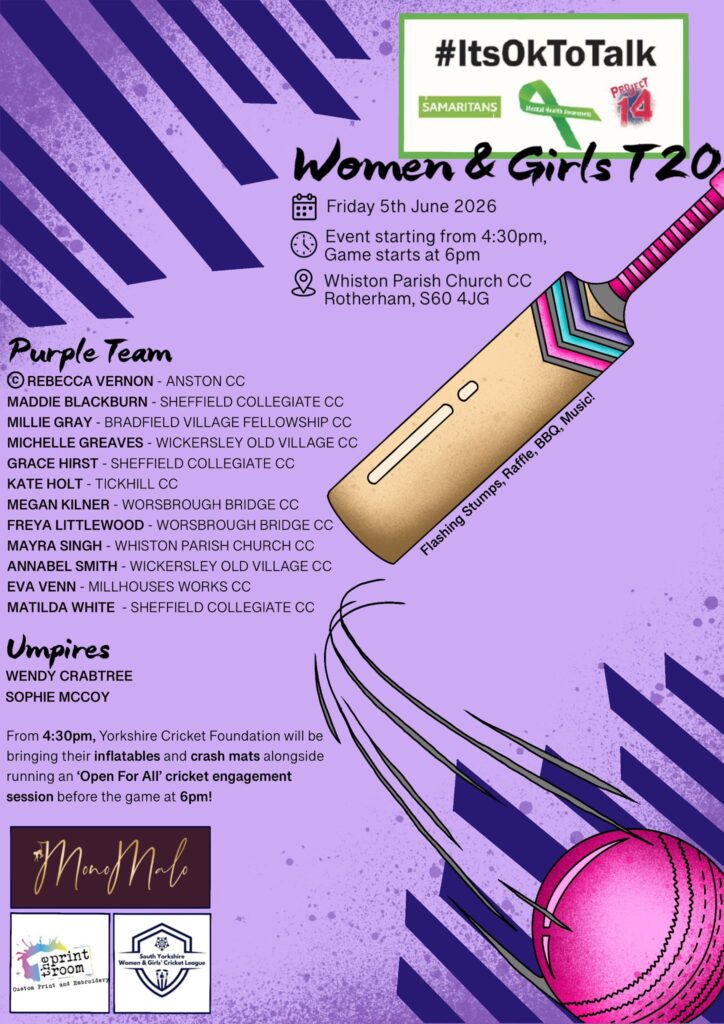 Team sheet for the purple team in the women's #itsoktotalkt20 match on 5 June 2026.